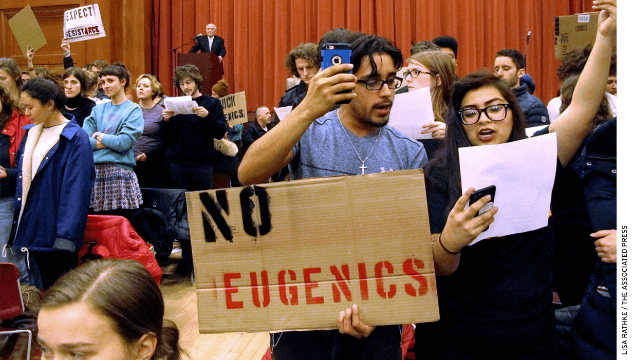 Students at Middlebury College protest an on-campus appearance by Charles Murray in 2017.