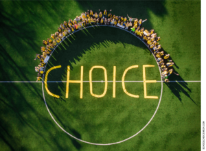 Students standing in a circle with the word "CHOICE" written within.