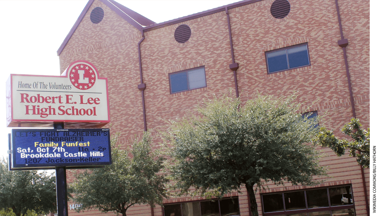 Robert E. Lee High School in San Antonio, Texas, pictured in 2017, was named for the Confederate general. The name has since been changed to Legacy of Educational Excellence (L.E.E.) High School.