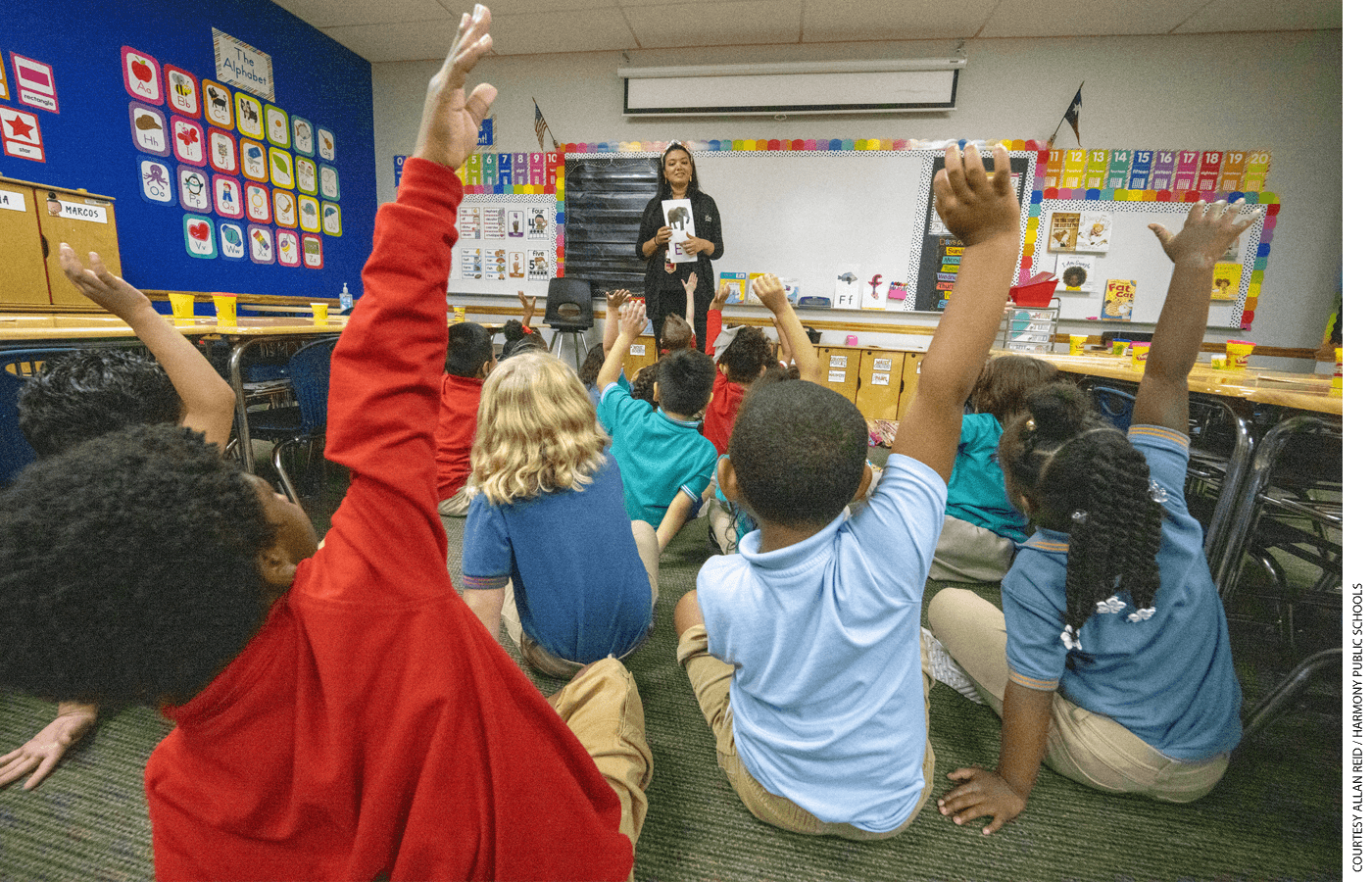 Students participate in a reading lesson at Harmony Science Academy in Waco, one of 62 schools in the Harmony Public Schools charter network that serve 40,000 Texas students.