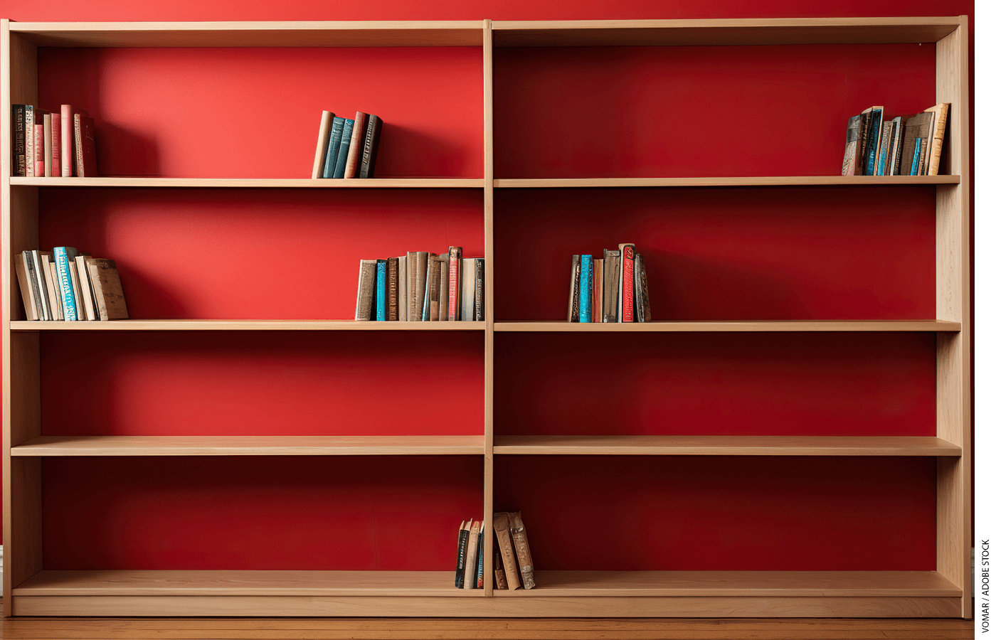 Stock photo of a book shelf with very few books sitting on it.