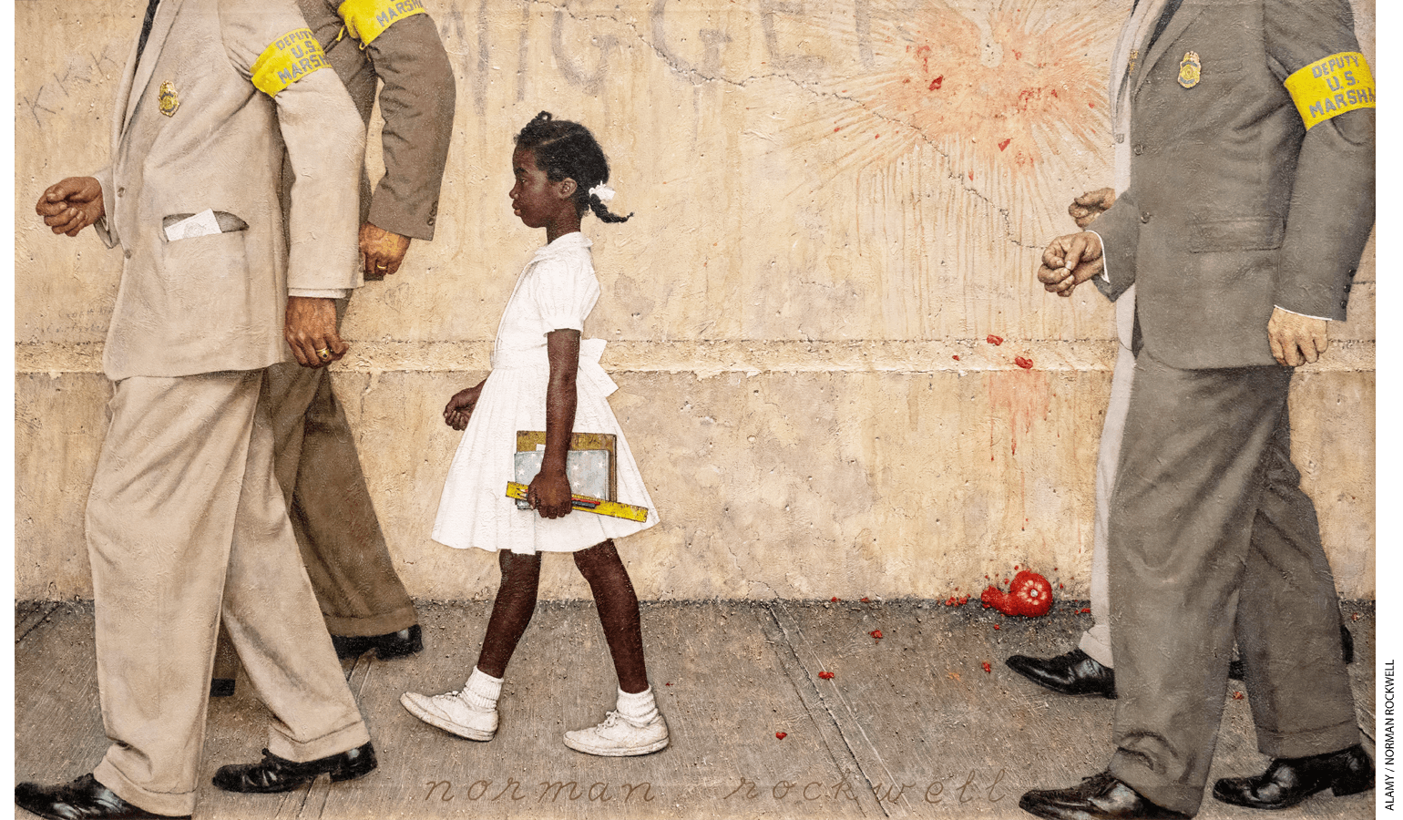 Norman Rockwell’s The Problem We All Live With showing six-year-old Ruby Bridges escorted to school by U.S. Marshals is an indelible image from the era of school desegregation.