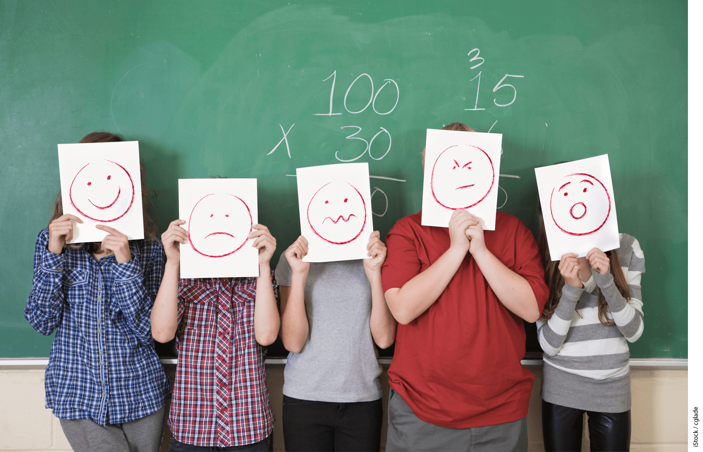 Photo of students in front of a chalkboard covering their faces