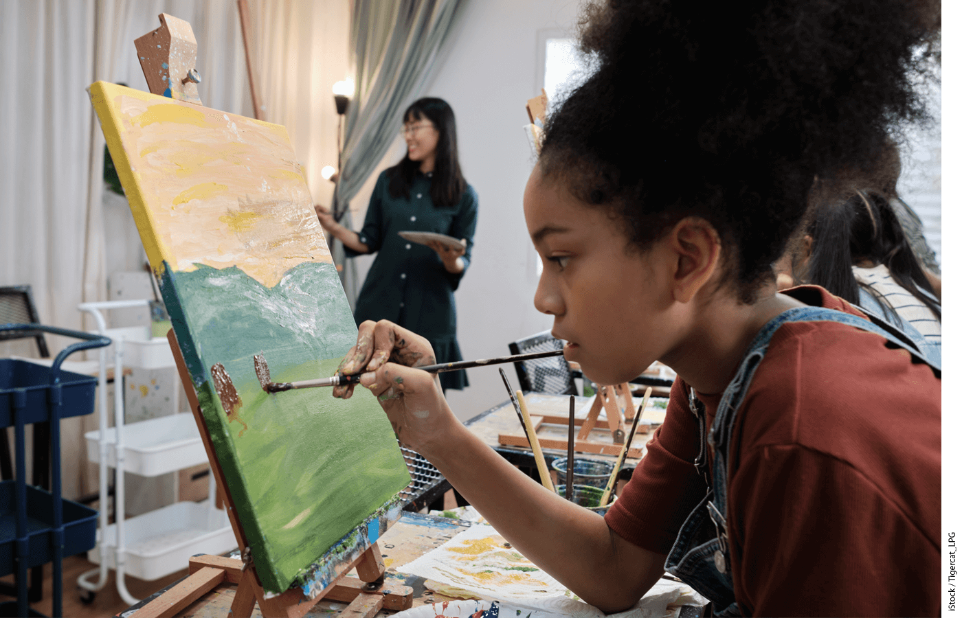 A student paints at an easel in art class