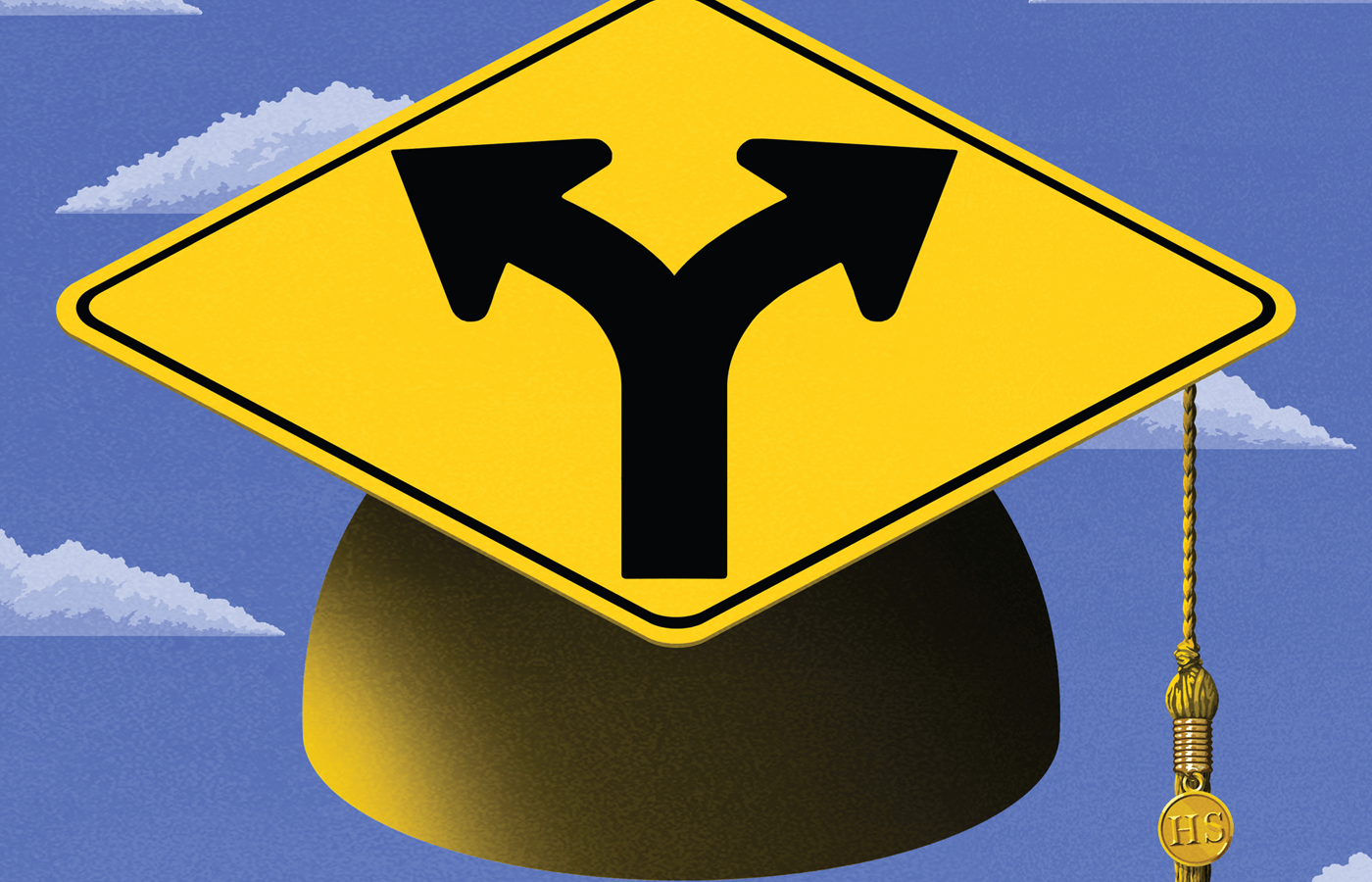 Illustration of a mortar board with a "road splits" sign atop it