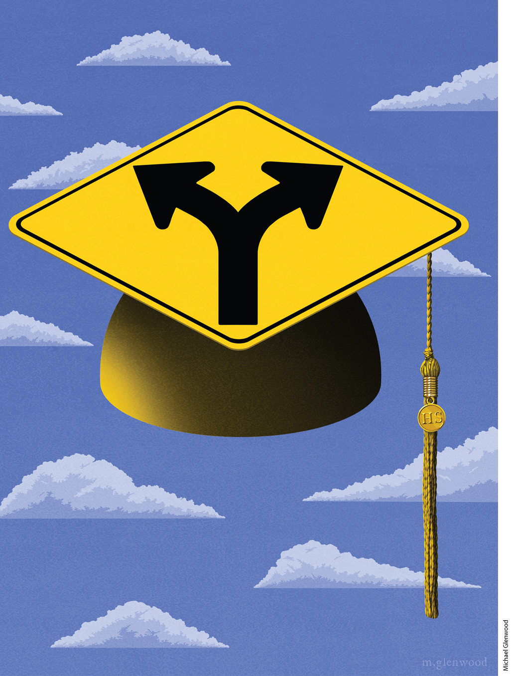 Illustration of a mortar board with a "road splits" sign atop it