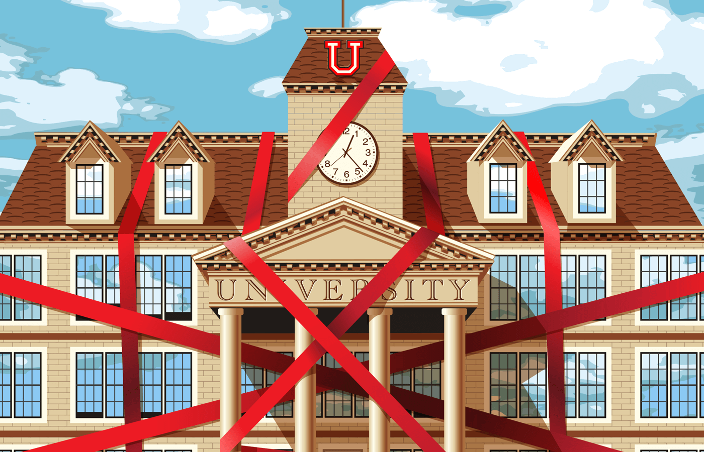 Illustration of a university building covered in red tape