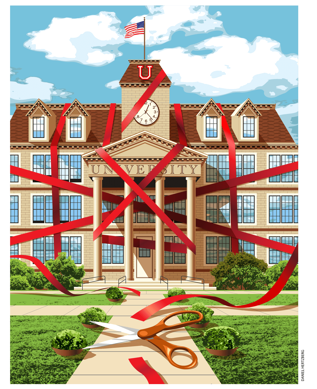 Illustration of a university building covered in red tape