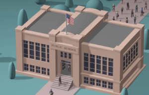 Illustration of people walking into the front of a public school building and walking out of the back