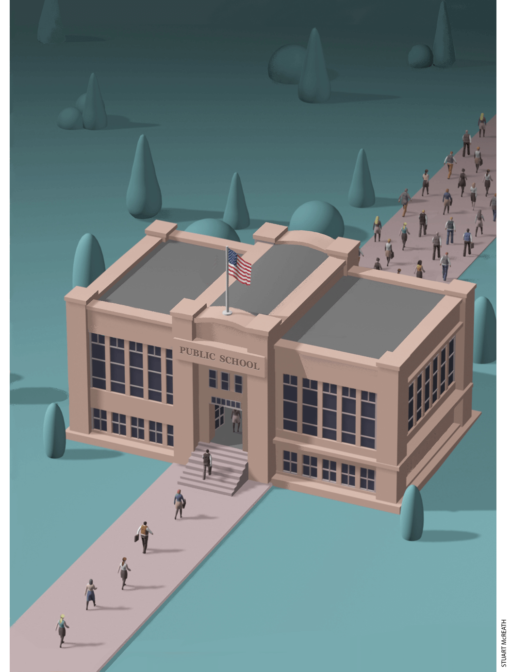 Illustration of people walking into the front of a public school building and walking out of the back