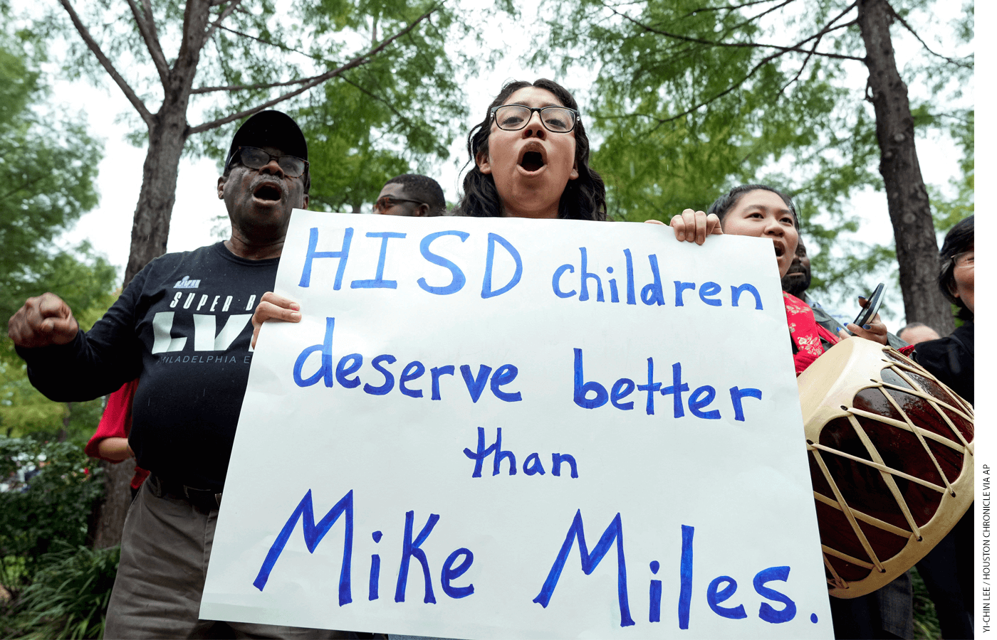 Teachers, parents, and students like Elizabeth Rodriguez (holding sign that reads HISD children deserve better than Mike Miles) immediately protested the state’s takeover of Houston ISD and new superintendent Mike Miles’s agenda in June 2023.