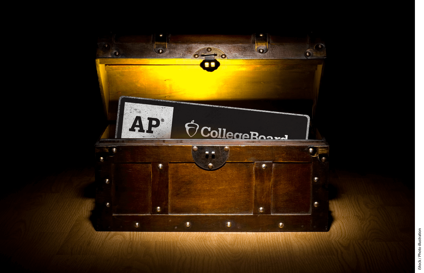 An open, glowing treasure chest with the AP College Board logo peeking out