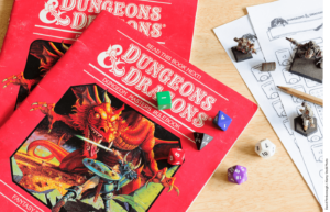 Photo of a Dungeons and Dragons dice and rulebook