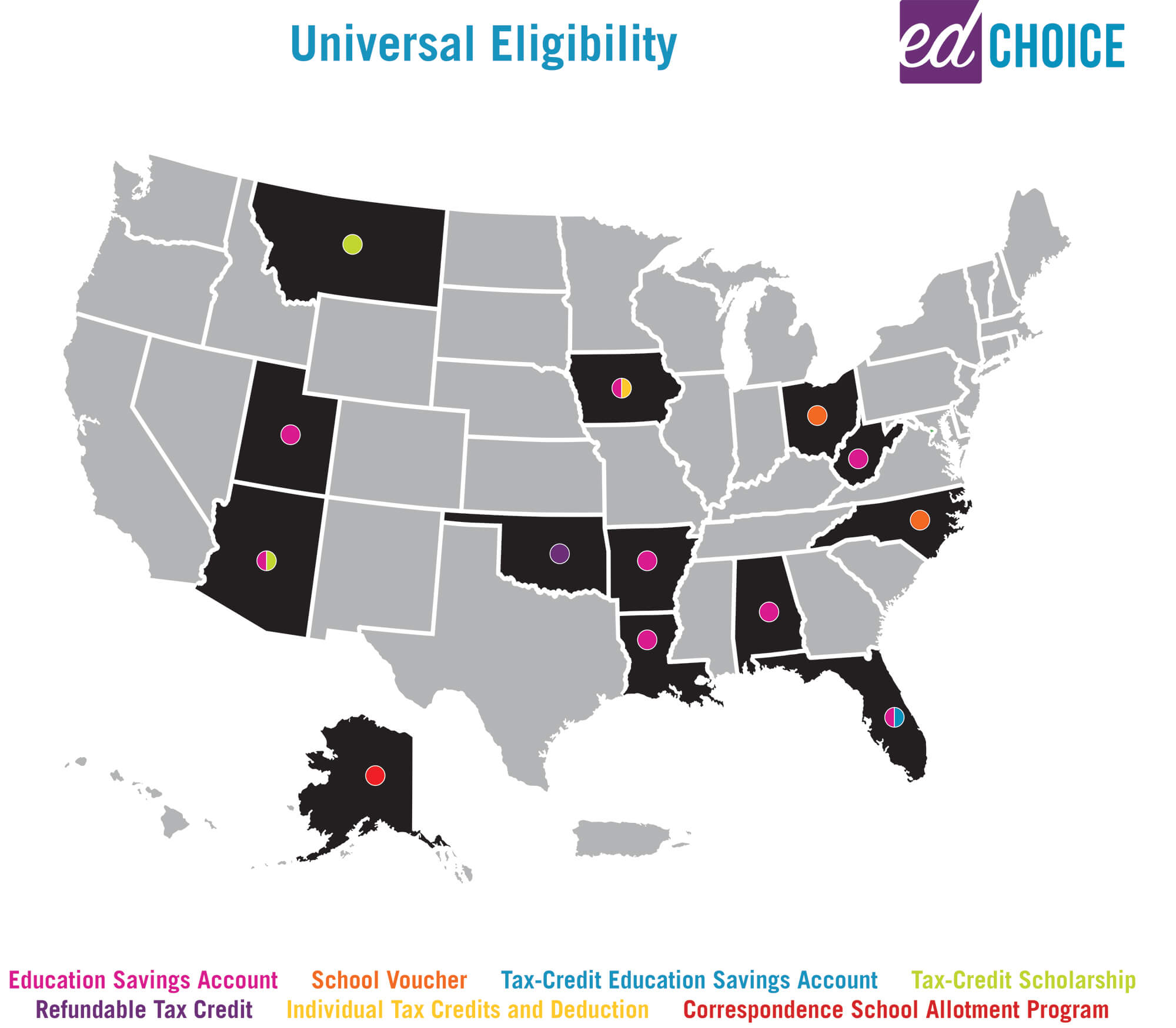 A map indicating universal eligibility in school choice in the United States.