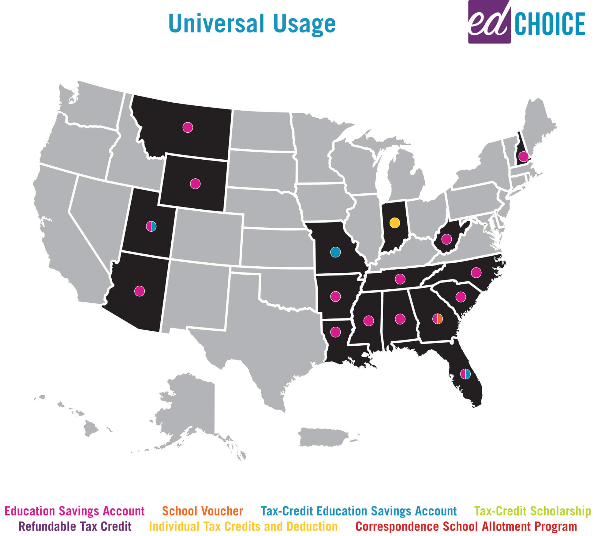 A map indicating universal usage in school choice in the United States.