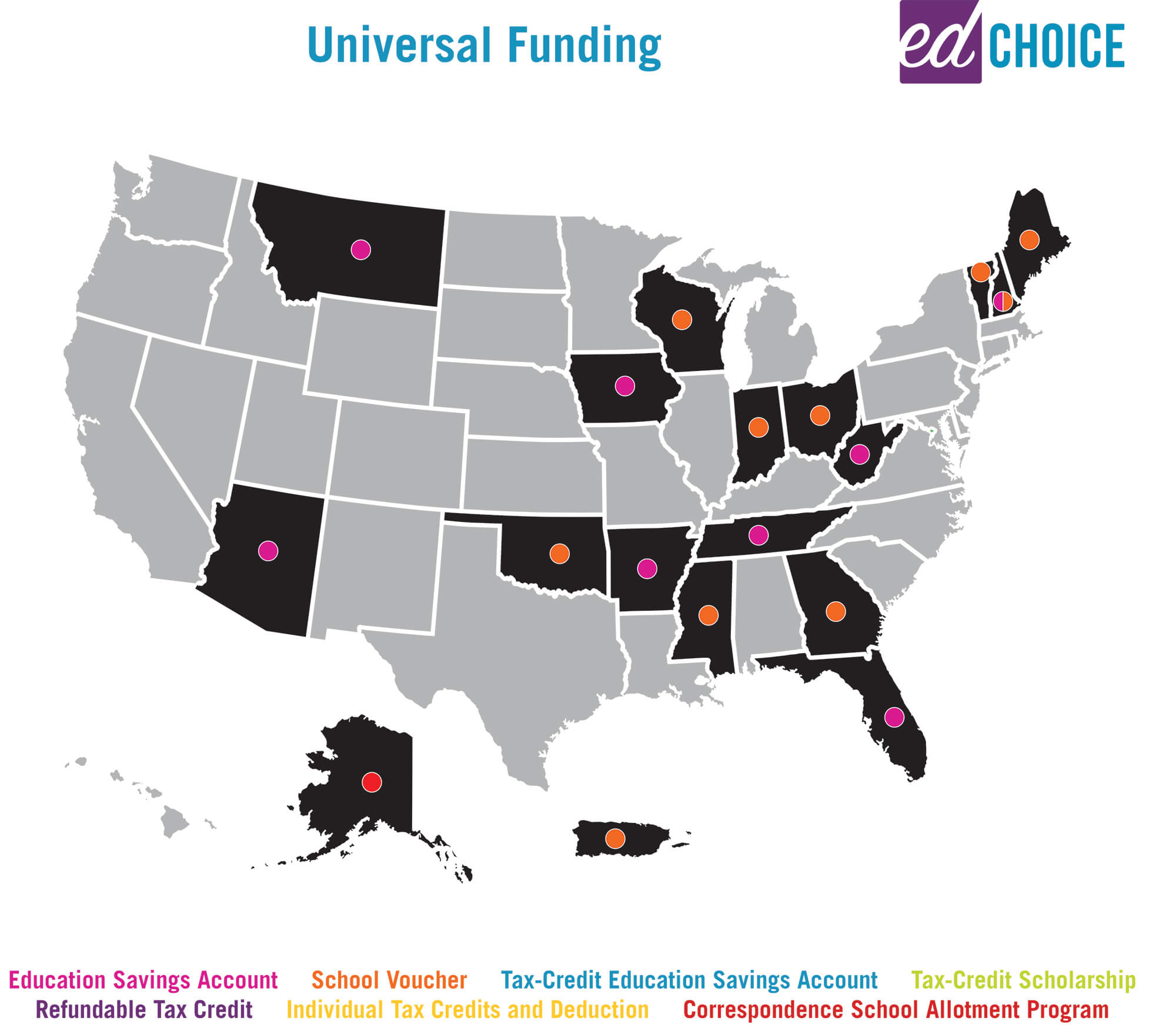 A map indicating universal funding in school choice in the United States.