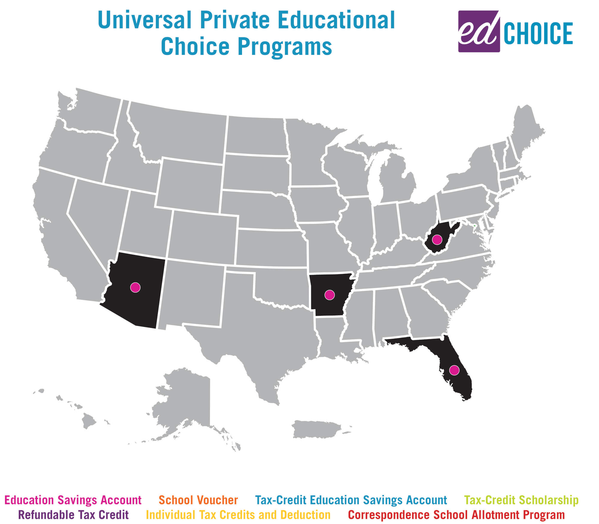 A map indicating universal private education choice programs in the United States.