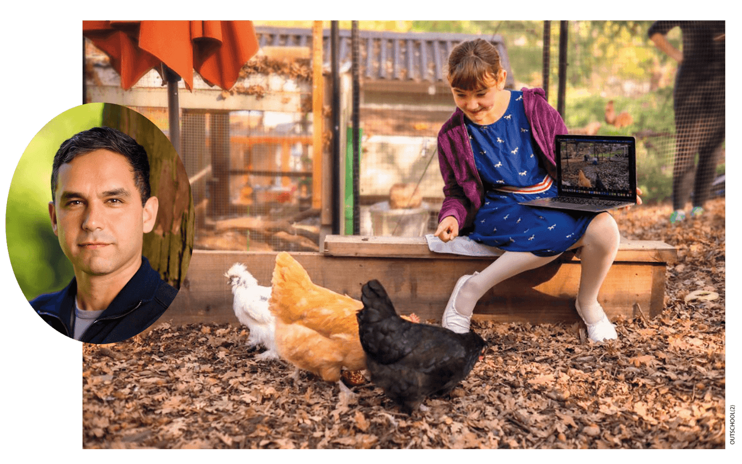 A photo of a student working with chickens, with an inset photo of Amir Nathoo.