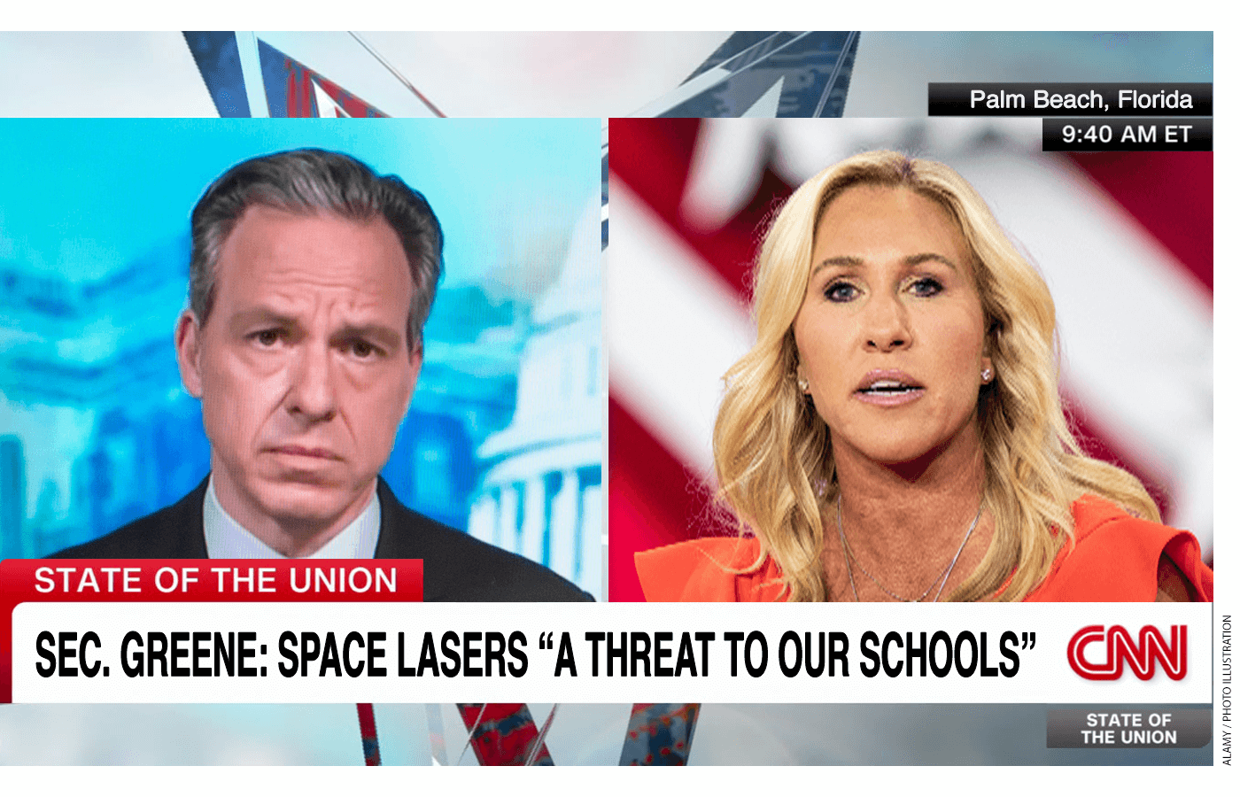 Imaginary screenshot of a Jake Tapper and Marjory Taylor Greene interview