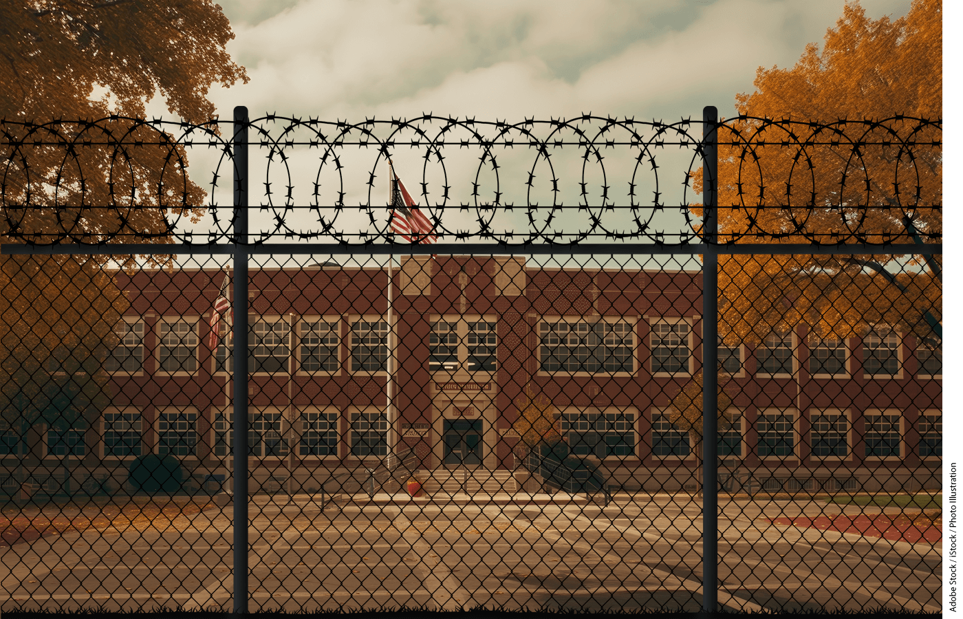 A barbed-wire fence blocking a school