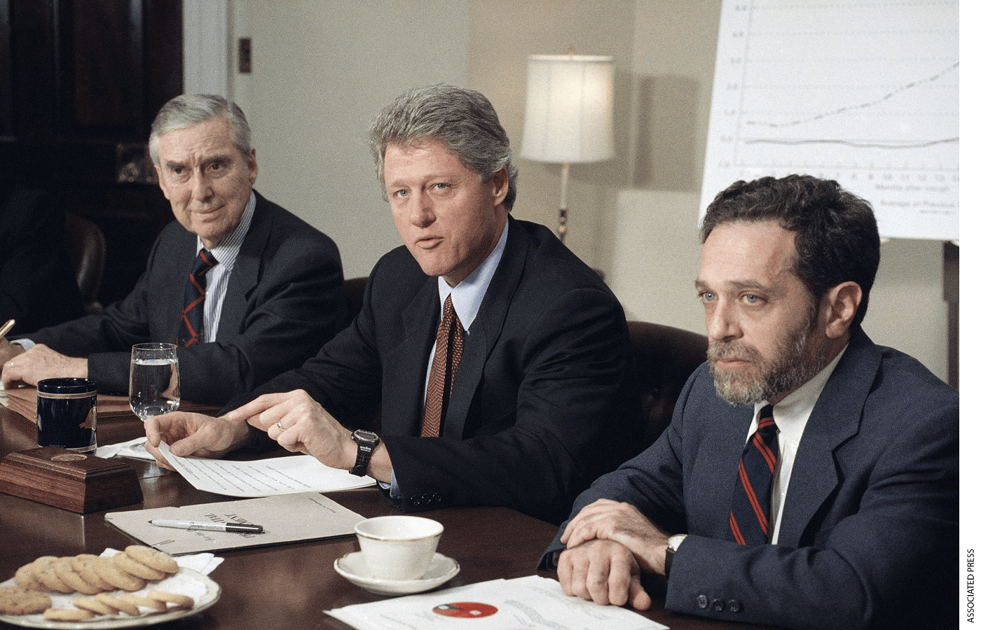 President Bill Clinton meets with Treasury Secretary Lloyd Bentsen, left, and Labor Secretary Robert Reich at the White House in Washington Monday, Feb. 9, 1993.