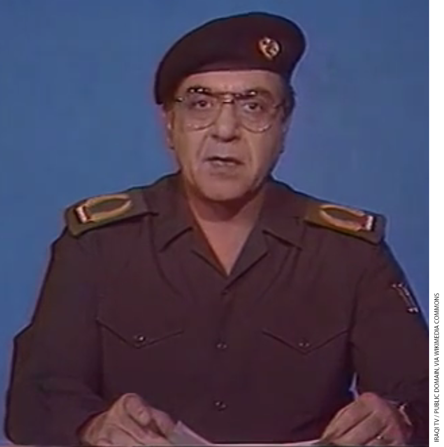 Iraqi press secretary Mohammed Saeed al-Sahhaf reading to the camera