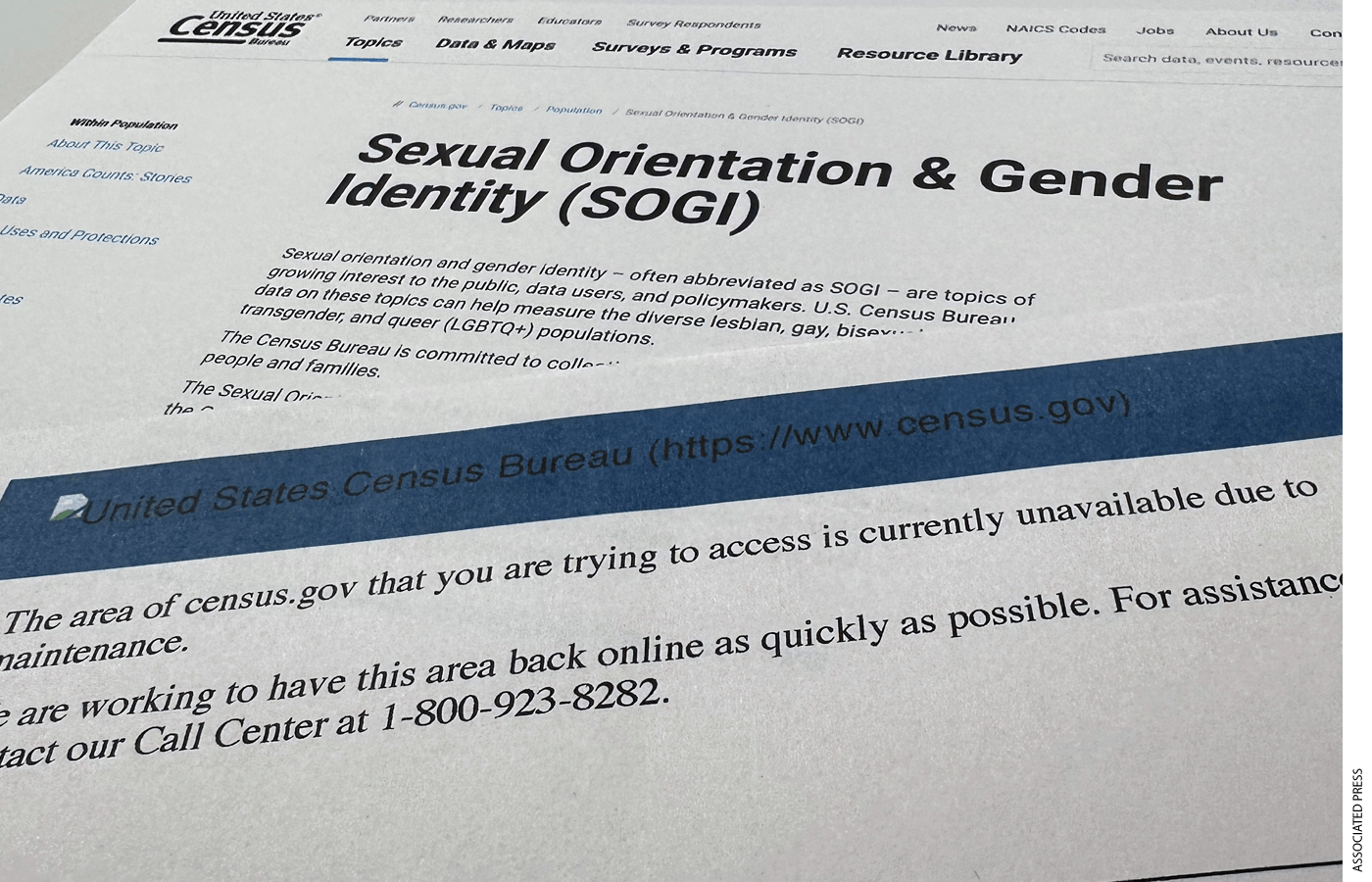 A page, top, from the Census.gov website that displayed on Jan. 24, about sexual orientation and gender identity, and the error page, bottom, showing the page is not available on Jan. 31, is photographed Friday, Jan. 31, 2025.