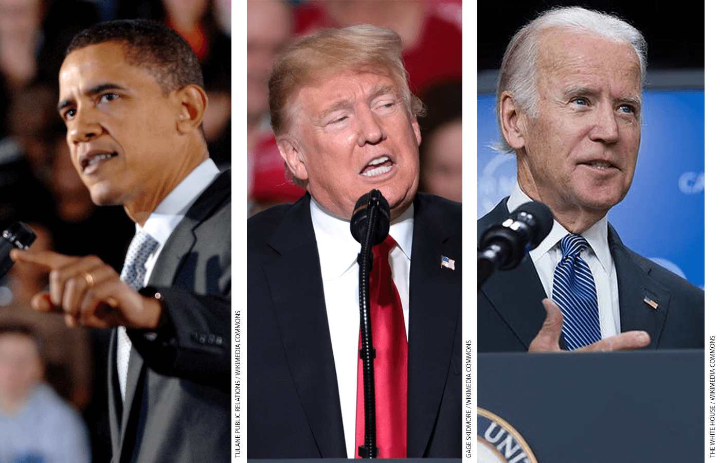 Photos of Barack Obama, Donald Trump and Joe Biden